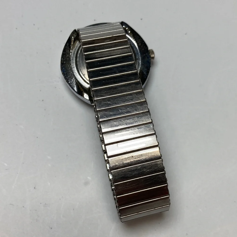 Vintage Timex black dial watch, works, stainless stretch bracelet